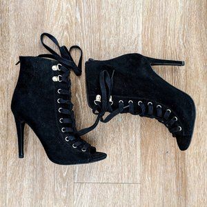 Black Lace-Up Stiletto Heels with Zipper Back
